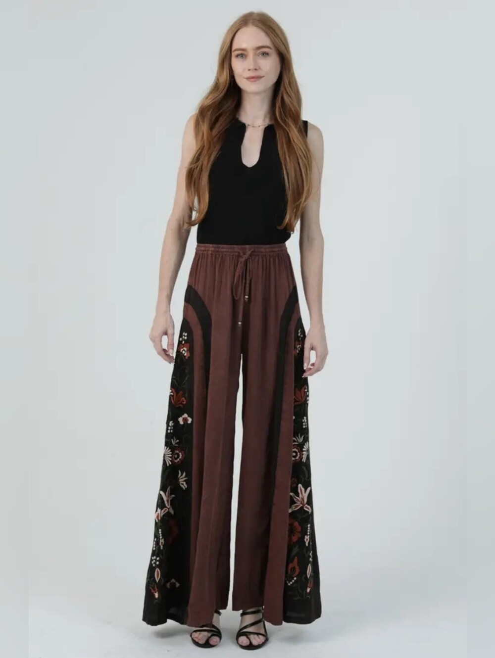 Angie Brown Wide-Leg Embroidered Drawstring Pants
